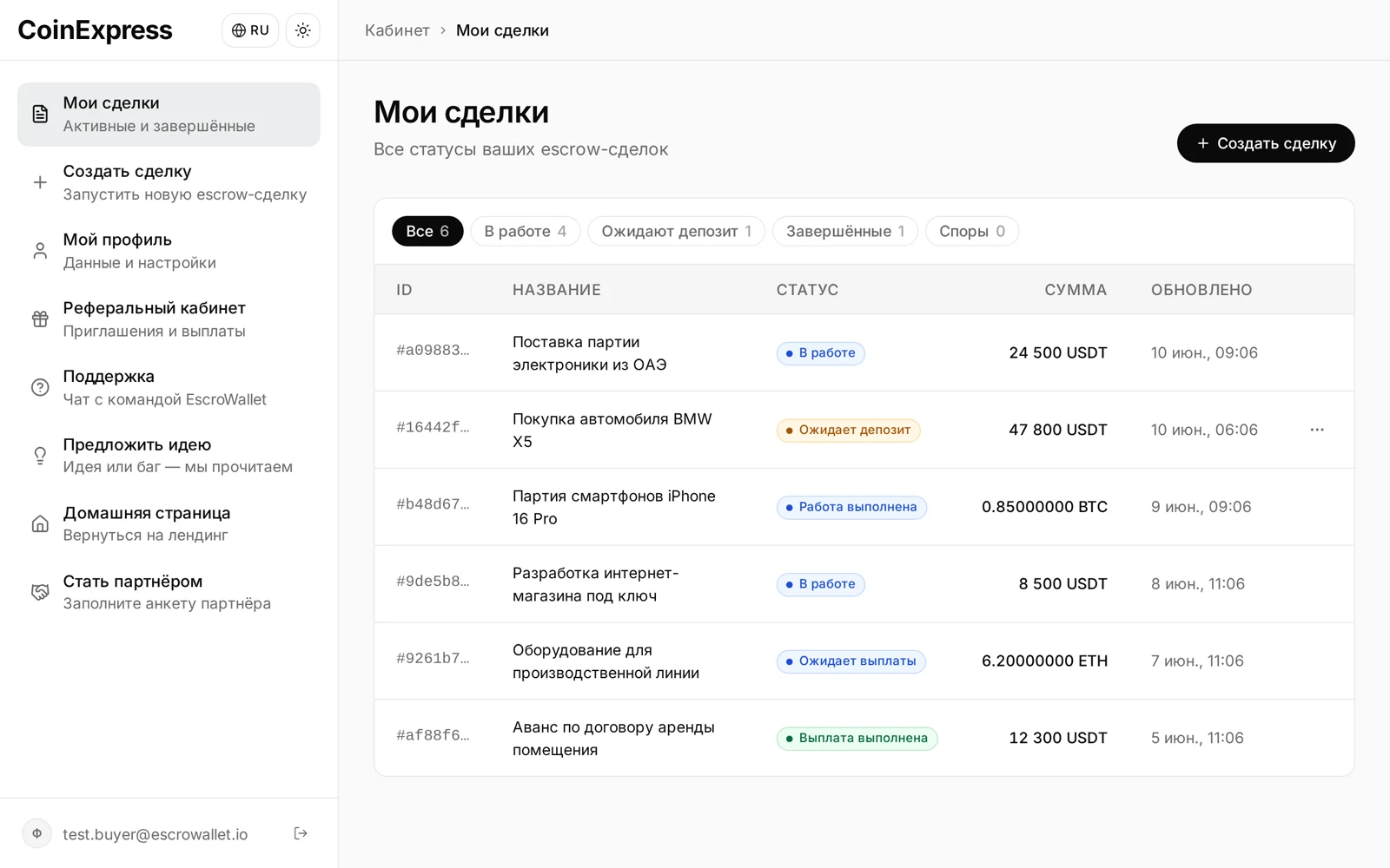 Личный кабинет эскроу под брендом обменного пункта: список сделок на разные суммы в USDT, BTC и ETH